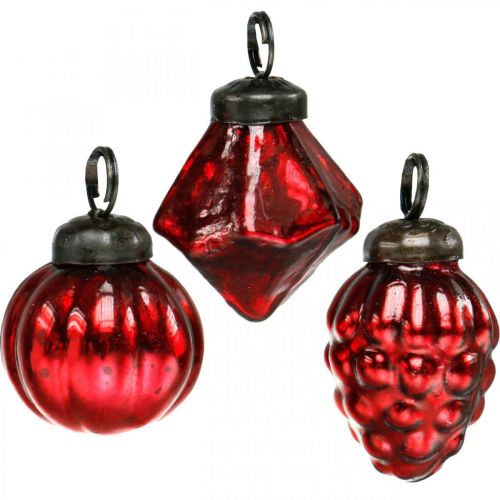 Floristik24 Mini boomdecoratie mix, diamant / bol / kegel, glazen bollen antiek look Ø3–3.5cm H4.5–5.5cm 9st