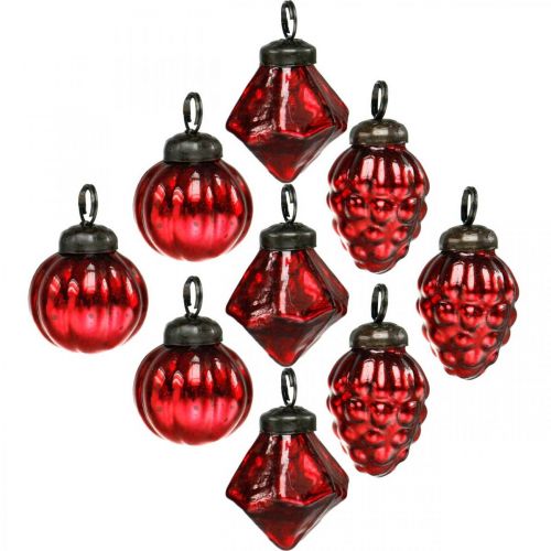 Floristik24 Mini boomdecoratie mix, diamant / bol / kegel, glazen bollen antiek look Ø3–3.5cm H4.5–5.5cm 9st