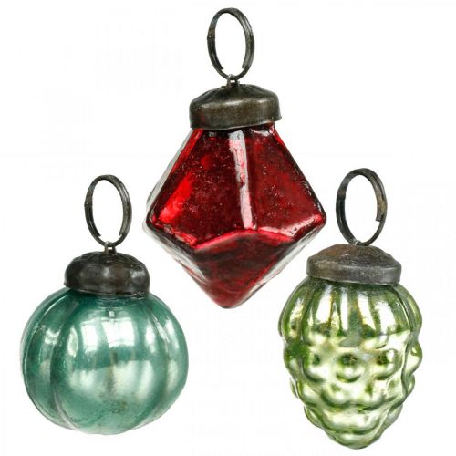 Floristik24 Mini kerstbal mix, diamant / bol / kegel, glazen bollen antiek look Ø3–3,5cm H4,5–5,5cm 9st