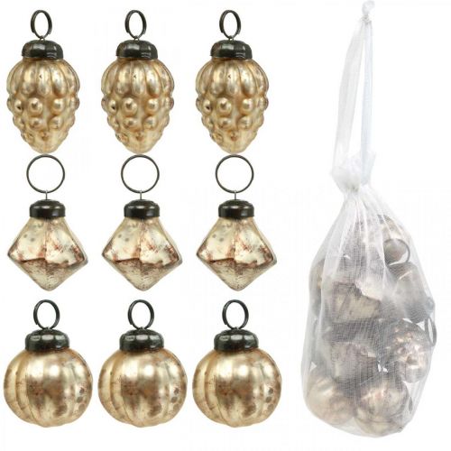 Floristik24 Mini glazen bol mix, diamant / bol / kegel, boomdecoraties, antiek look Ø3–3.5cm H4.5–5.5cm 9st