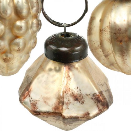 Floristik24 Mini glazen bol mix, diamant / bol / kegel, boomdecoraties, antiek look Ø3–3.5cm H4.5–5.5cm 9st