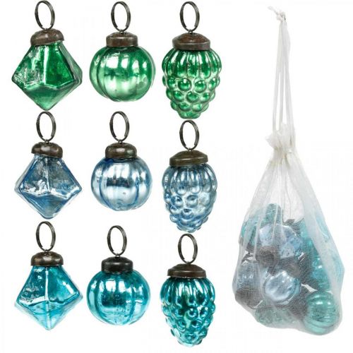 Floristik24 Mini glazen bol mix, ruit/bol/kegel, kerstboomdecoratie antiek look Ø3–3,5 cm H4,5–5,5 cm 9 stuks