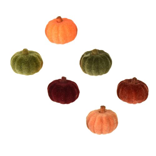 Artikel Mini pompoen decoratie flocked scatter decoratie 6 kleuren Ø4cm 24 stuks