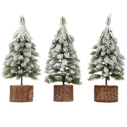 Artikel Mini kerstboom houten voet groen wit Ø8cm H18cm 3st