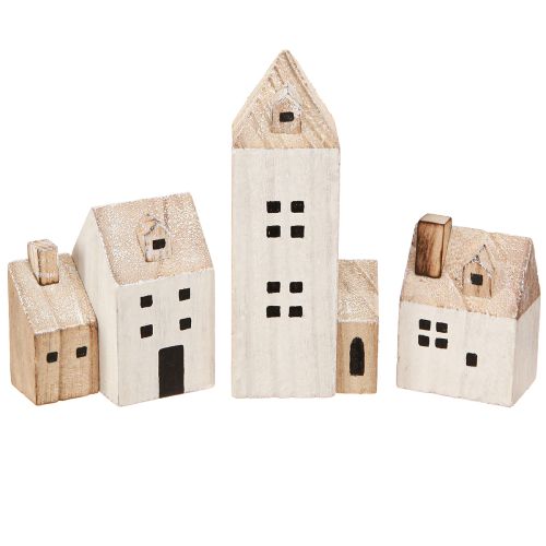 Mini Kerstdorp Houten Decoratie Wit Naturel H13/7cm 6 stuks