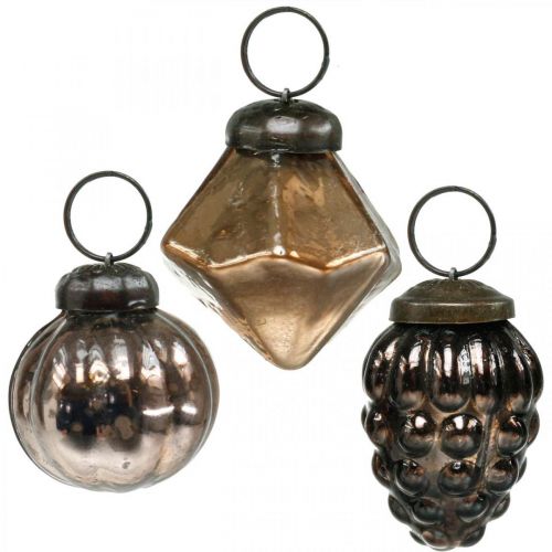 Floristik24 Mini kerstballen, diamant / bol / kegel, glazen hangers mix, antiek look Ø3–3.5cm H4.5–5.5cm 9st