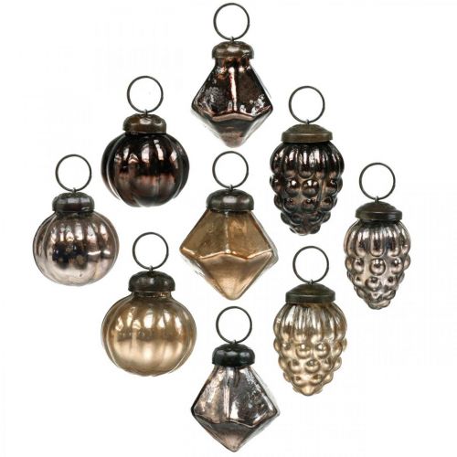 Floristik24 Mini kerstballen, diamant / bol / kegel, glazen hangers mix, antiek look Ø3–3.5cm H4.5–5.5cm 9st