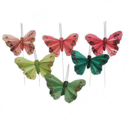 Floristik24 Mini vlinder op draad rood, groen 6,5cm 12 st