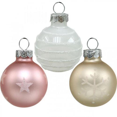 Artikel Mini kerstballen crème, roze, wit echt glas Ø3cm 9st
