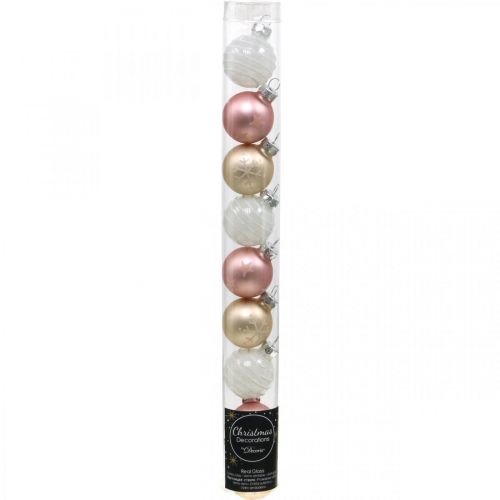 Artikel Mini kerstballen crème, roze, wit echt glas Ø3cm 9st