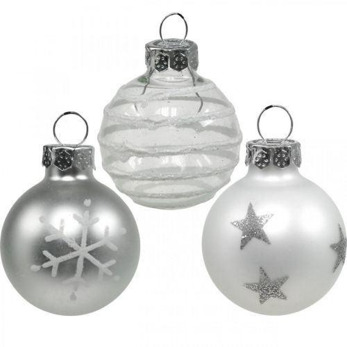 Floristik24 Mini kerstballen wit, zilver echt glas Ø3cm 9st