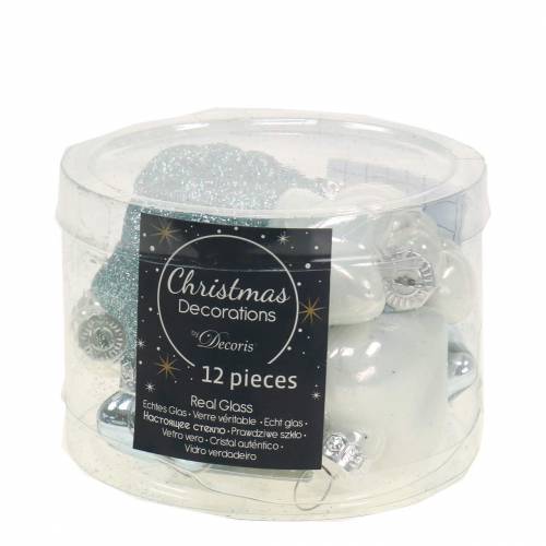 Floristik24 Mini kerstboomversiering mix assorti glas wit, blauw 12st