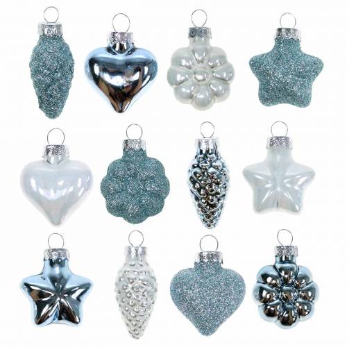 Floristik24 Mini kerstboomversiering mix assorti glas wit, blauw 12st