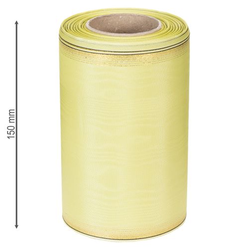 Artikel Moiré kranslint 150 mm 25 m in lichtgroen met gouden rand voor bloemschikken en decoratie