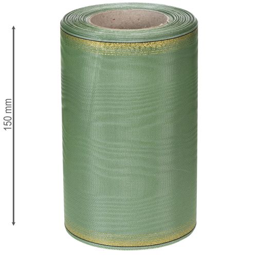 Artikel Moiré kranslint saliegroen met gouden rand, 150 mm x 25 m, decoratief lint voor bloemstukken en kransen.