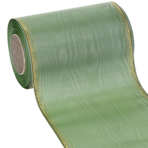 Floristik24 Moiré kranslint saliegroen met gouden rand, 150 mm x 25 m, decoratief lint voor bloemstukken en kransen.