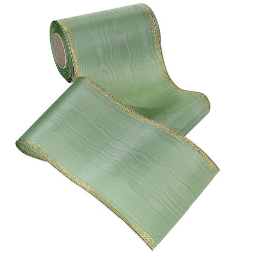 Artikel Moiré kranslint saliegroen met gouden rand, 150 mm x 25 m, decoratief lint voor bloemstukken en kransen.