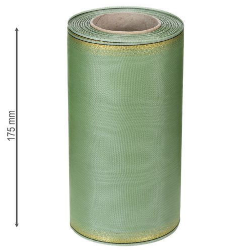 Artikel Moiré kranslint saliegroen met gouden rand - 175 mm x 25 m - decoratief lint voor bloemstukken en feestelijke gelegenheden
