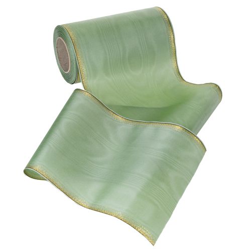 Artikel Moiré kranslint saliegroen met gouden rand - 175 mm x 25 m - decoratief lint voor bloemstukken en feestelijke gelegenheden