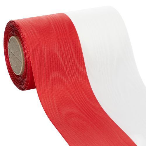 Artikel Moiré kranslint, rouwlint wit-rood, decoratief lint 150mm, gedenklint rouwbloem, acetaat taft 25m
