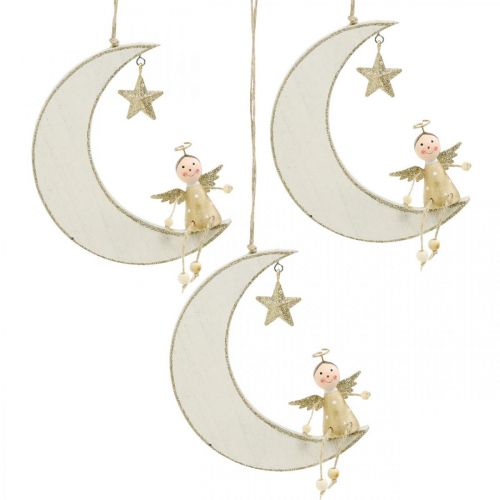 Artikel Adventsdecoratie, engel op maan, houten decoratie om op te hangen wit, goud H14.5cm B21.5cm 3st