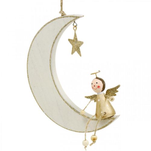 Floristik24 Adventdecoratie, engel op de maan, houten decoratie om op te hangen wit, goudkleurig H14,5cm B21,5cm 3 st