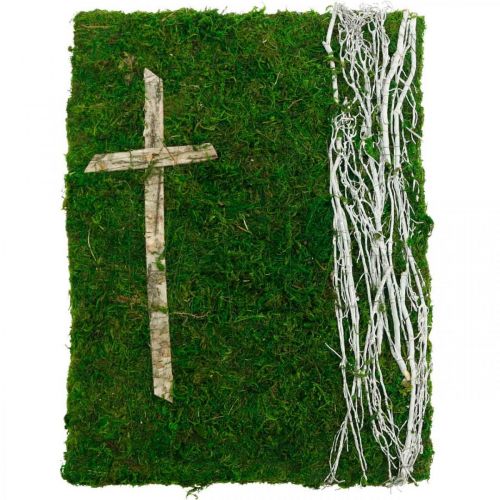 Mos foto wijnstokken en kruis voor graf arrangement groen, wit 40 × 30cm