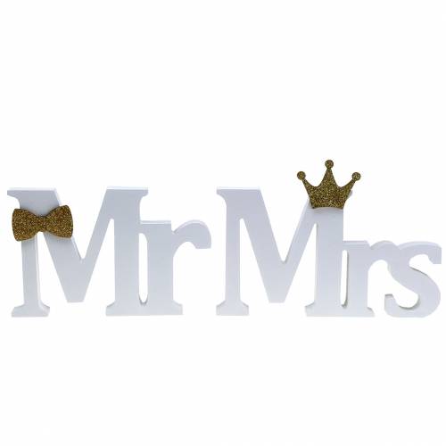 Floristik24 Sierletters Mr &amp; Mrs hout wit, goud gesorteerd H11/13,cm set van 4