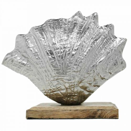 Artikel Shell om op te zetten, maritieme metalen decoratie met houten voet zilver, naturel 16 × 19cm
