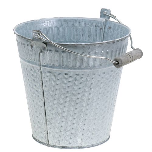Zinken emmer met gevlochten patroon grijs, wit gewassen Ø18cm H17.5cm