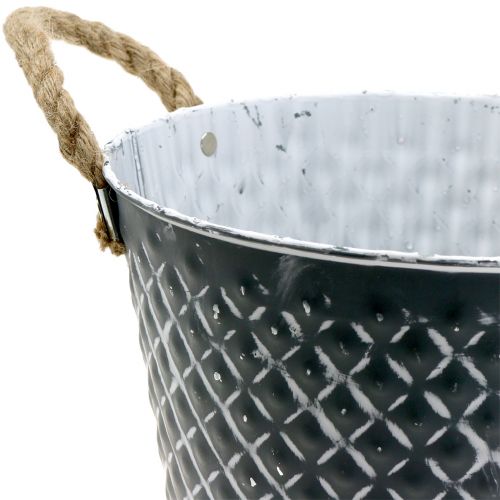 Artikel Zinken pot ruit met touw handvatten grijs wit gewassen Ø25cm H21cm
