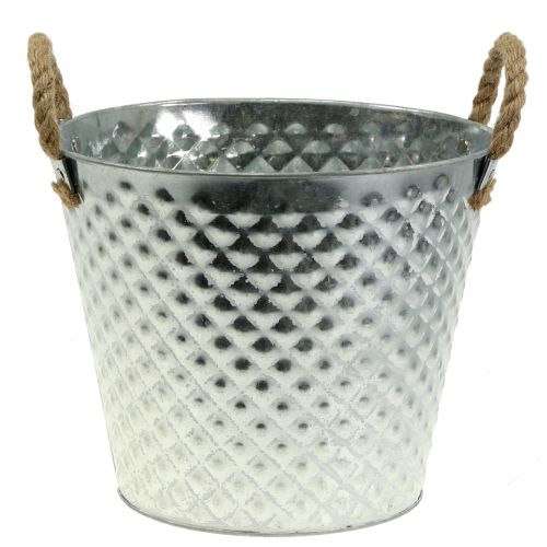 Zink pot diamant met touw handvatten wit gewassen Ø24.5cm H21cm