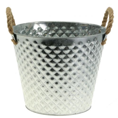 Artikel Zink pot diamant met touw handvatten wit gewassen Ø24.5cm H21cm