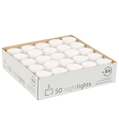 Nachtlampjes, theelichtjes, wit, in plastic bakje, brandt 8 uur, 50 stuks | Floristik24.nl