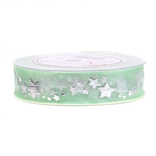 Floristik24 Decoratief lint organza met stermotief lichtgroen 25mm 20m