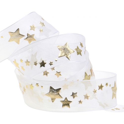 Floristik24 Decoratief lint organza met stermotief wit 25mm 20m