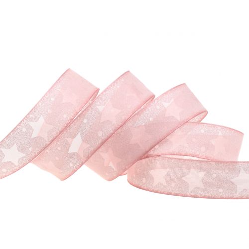 Floristik24 Organza lint met stermotief roze 25mm 15m