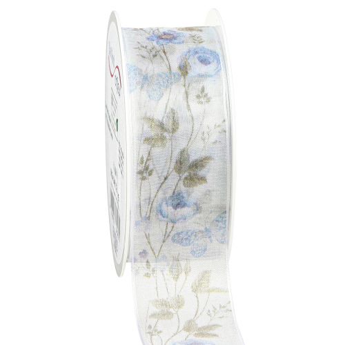 Artikel Organzalint bloemen blauw decoratief lint organza stof 40mm 15m
