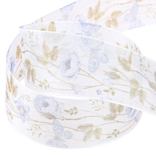 Artikel Organzalint bloemen blauw decoratief lint organza stof 40mm 15m