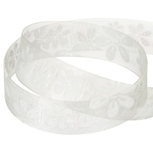 Artikel Organza lint, bloemenmotief, cadeaulint, groen, 25 mm, 18 m