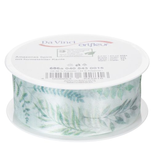 Artikel Organza lint, chiffon lint, bladerrijke takken, groen, 40 mm, 15 m
