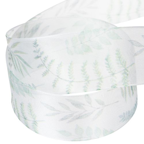 Artikel Organza lint, chiffon lint, bladerrijke takken, groen, 40 mm, 15 m