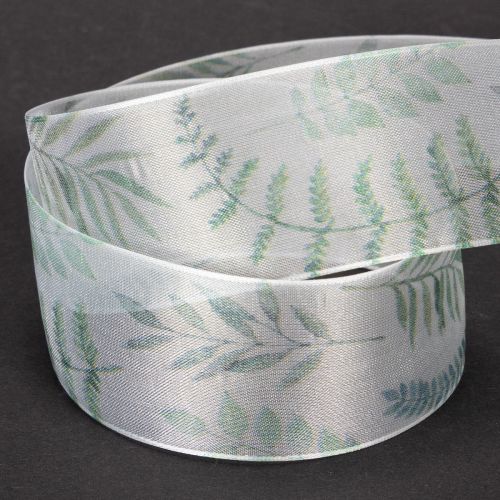 Artikel Organza lint, chiffon lint, bladerrijke takken, groen, 40 mm, 15 m