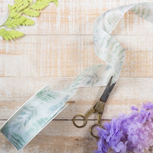 Artikel Organza lint, chiffon lint, bladerrijke takken, groen, 40 mm, 15 m