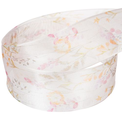 Artikel Organza lint, chiffon lint, bloemenprint, oranje/roze, 40 mm, 15 m