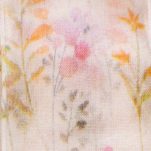 Artikel Organza lint, chiffon lint, bloemenprint, oranje/roze, 40 mm, 15 m