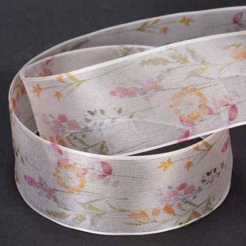 Artikel Organza lint, chiffon lint, bloemenprint, oranje/roze, 40 mm, 15 m
