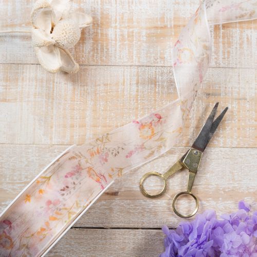 Artikel Organza lint, chiffon lint, bloemenprint, oranje/roze, 40 mm, 15 m