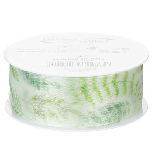 Artikel Organza lint, chiffon lint, groen met bladmotieven, 40 mm breed, 15 m lang