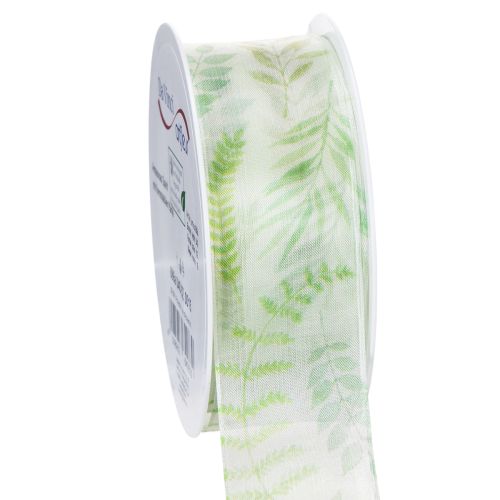 Floristik24 Organza lint, chiffon lint, groen met bladmotieven, 40 mm breed, 15 m lang